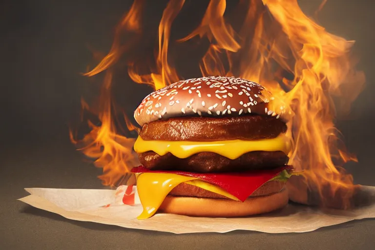 Image similar to mcdonalds hamburger on fire, commercial photography