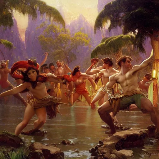 Image similar to limbo party on mount olympus matte painting gaston bussiere, craig mullins, j. c. leyendecker