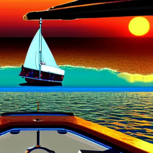 Image similar to hyper intelligent alien sailors in sailboat on open sea sunrise hopeful hd digital