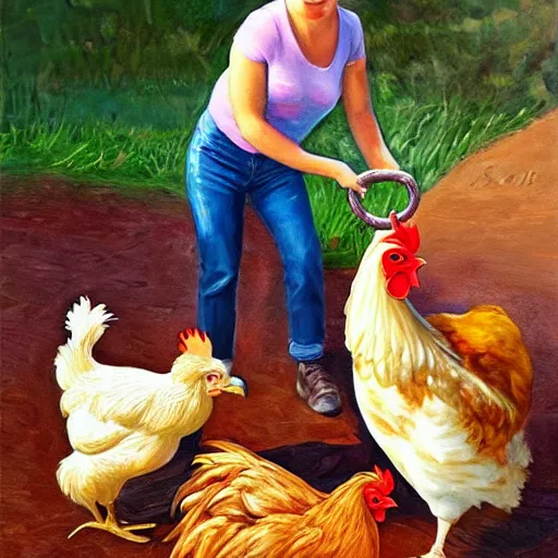 Prompt: chickens owning a human pet, human on leash, chicken is holding the leash, oil painting, hyper realistic,