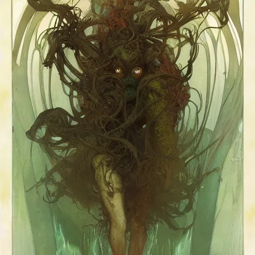 Prompt: close - up portrait of impassive mutant with brown, green, and white scales and grim expression stepping through nabarean arlock, science fiction concept art by greg rutkowski, alphonse mucha, gaston bussiere, brom, deak ferrand, and beksinski
