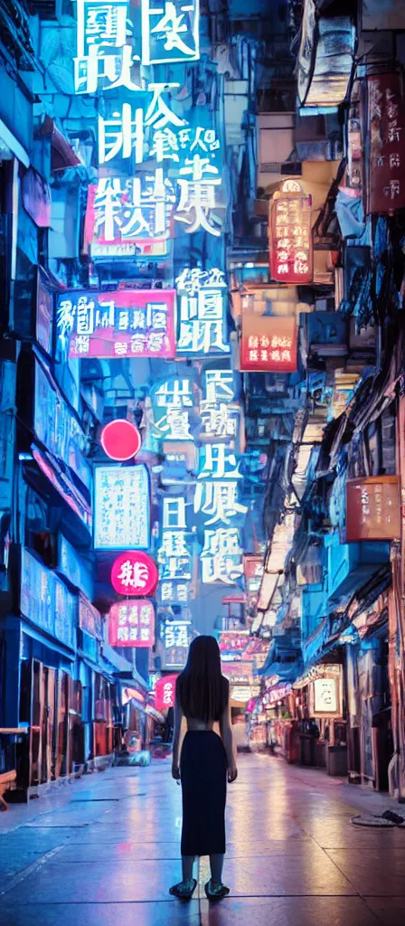 Image similar to a beautiful chinese young girl standing in the middle of a road on a night Hong Kong china town, blue color grading, cinematic color grading , unreal 5, hyperrealistic, realistic, photorealistic, dynamic lighting, highly detailed, cinematic landscape, studio landscape, studio lighting