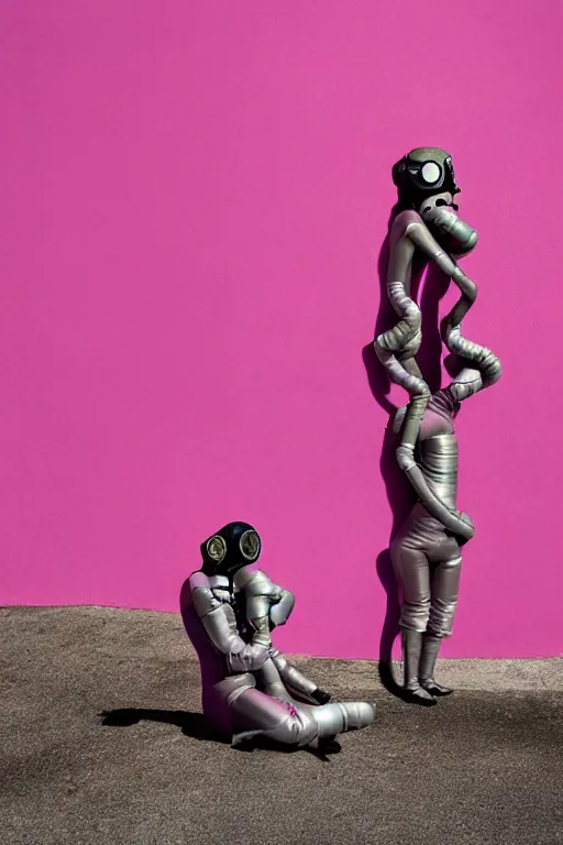 Image similar to a surreal portrait of intertwined and contorted figures wearing gas mask next to a pink wall in the style of brooke didonato, editorial fashion photography from vogue magazine, full shot, nikon d 8 1 0, ƒ / 2. 5, focal length : 8 5. 0 mm, exposure time : 1 / 8 0 0, iso : 2 0 0