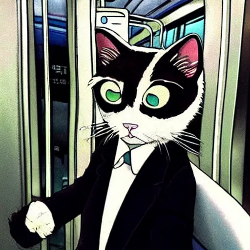 Image similar to “ angry cat wearing a suit riding the subway in new york city, studio ghibli, spirited away, princess mononoke, anime style, by hayao miyazaki ”