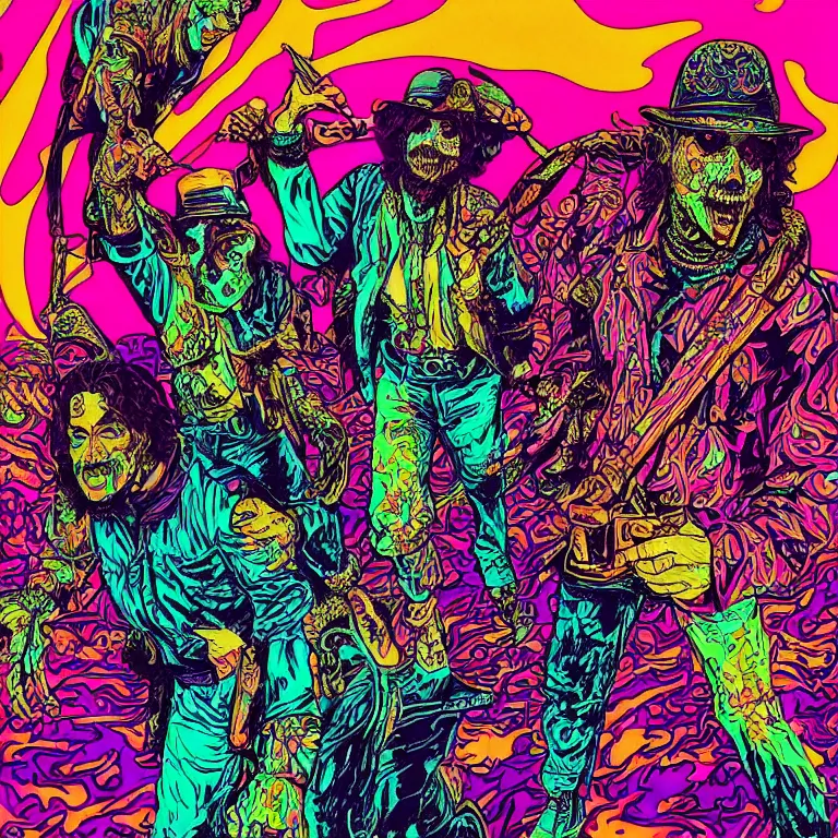 Image similar to beautiful colorful hyperrealist highly detailed psychedelic blacklight poster'zombie darryl hall and john oates ', psychedelic art nouveau, beautiful high contrast colored wood engraving, moebius comic style, shocking detail trending on artstation 8 k