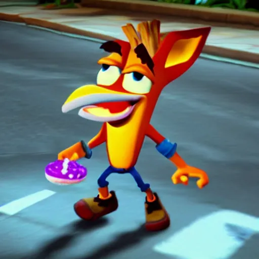 Prompt: Crash Bandicoot eating a cheeseburger in the middle of a street, cinematic lighting
