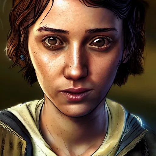 Image similar to portrait art of clementine walking dead telltale games, 8 k ultra realistic, lens flare, atmosphere, glow, detailed, intricate, full of colour, led lighting, trending on artstation, 4 k, hyperrealistic, focused, extreme details, unreal engine 5, masterpiece