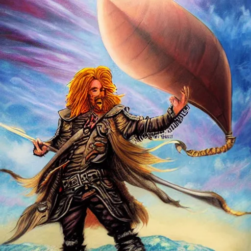 Prompt: an epic fantasy comic book style portrait painting of a long haired, red headed male sky - pirate in front of an airship in the style of ed binkley