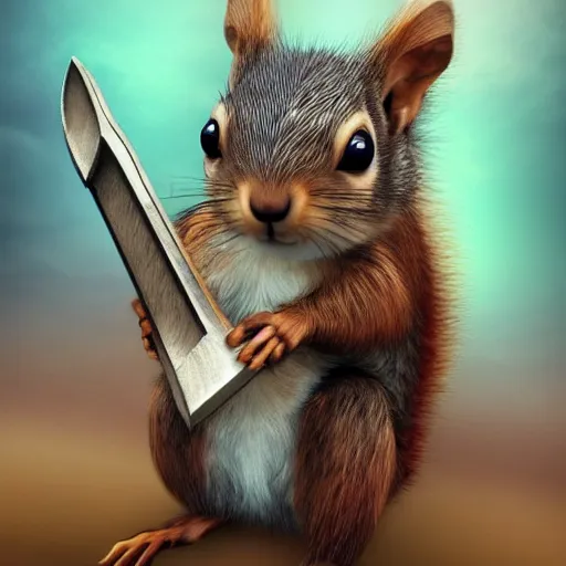 Prompt: a squirrel with thor outfit ~ holding the mjolnir ~ dramatic thunder background ~ trending ~