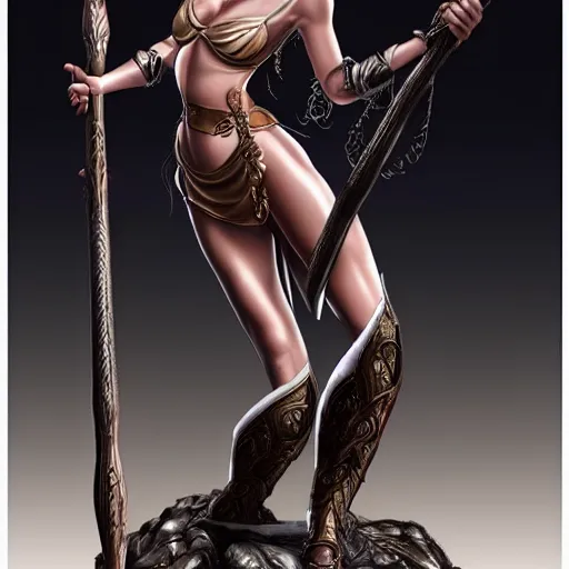 Prompt: fantasy woman with armor emerging from the sea holding a staff made with mother-of-pearl, by Artgerm, medium shot