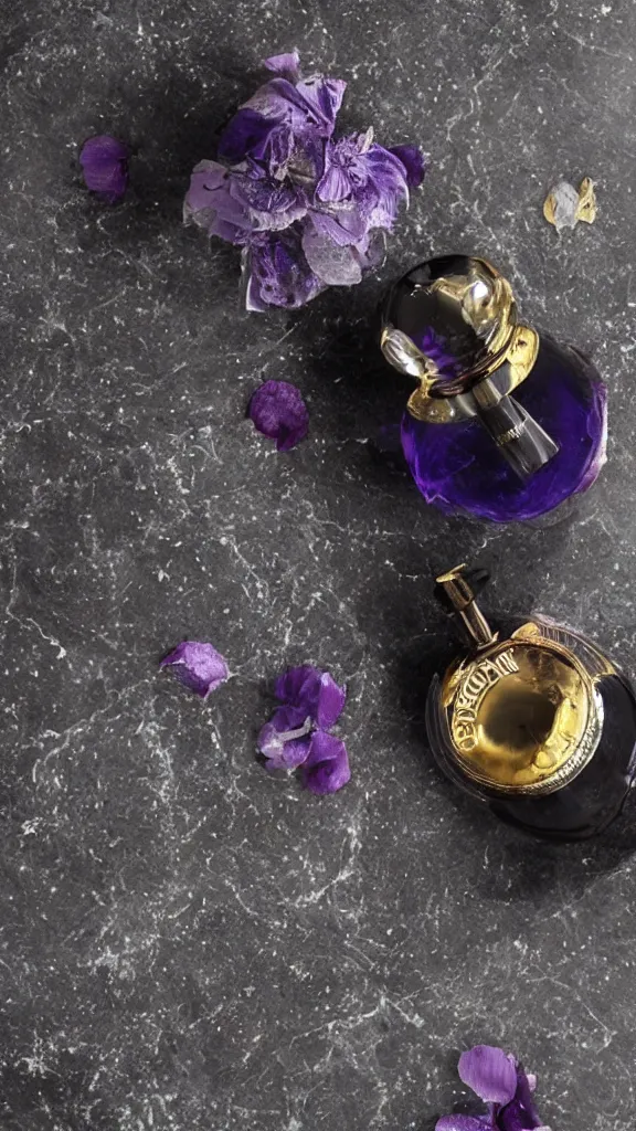 Prompt: close up shot of premium purple coloured perfume on a black marble table, golden cap, ultra detail, cinematic lighting, symmetrical, rendered, 4k