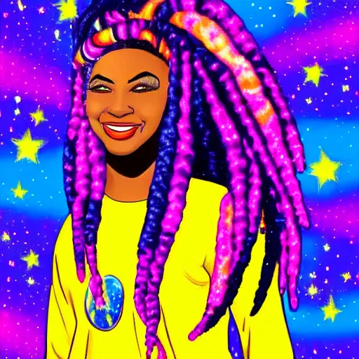 Prompt: black woman with purple dreads in space in the style of lisa frank
