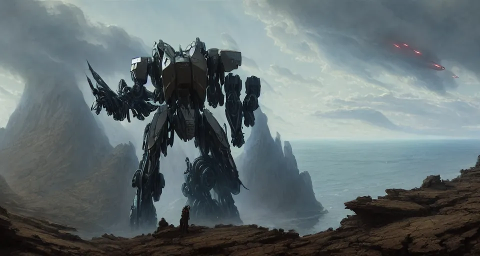 Prompt: hyper realistic sci - fi matte concept art painting of mecha on a cliff overlooking a raging battle, beautiful details, strong composition painted by kim jung guweta studio rutkowski, james gurney and greg rutkowski, and lucasfilm, smooth, intricate, detailed, sharp focus, cinematic