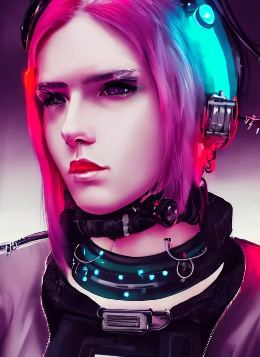 Image similar to detailed realistic female character cyberpunk wearing thick technological collar around neck, realistic, art, beautiful, 4K, collar, choker, collar around neck, punk, artstation, detailed, female, woman, choker, cyberpunk, neon, punk, collar, choker, collar around neck, cyberpunk, punk, neon