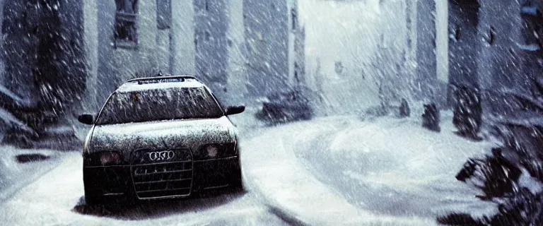 Image similar to Audi A4 B6 Avant (2002), a gritty neo-noir, dramatic lighting, cinematic, eerie person silhouette, death, homicide, homicide in the snow, gunshots, establishing shot, extremely high detail, photorealistic, cinematic lighting, artstation, by simon stalenhag, Max Payne (PC) (2001) winter new york at night, Max Payne 2 graphic novel style, flashing lights, Poets of the Fall - Late Goodbye