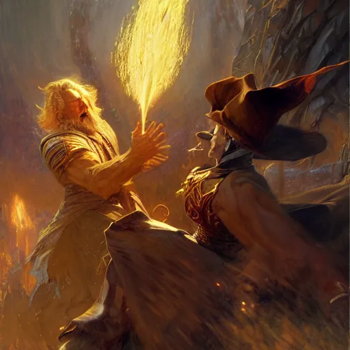 Image similar to stunning male master wizard fighting another wizard who has dark spell, highly detailed painting by gaston bussiere, craig mullins, j. c. leyendecker, 8 k