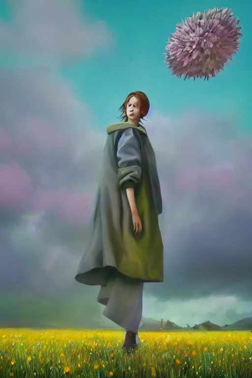 Image similar to portrait, enormous daisy flower head, a girl wearing coat in heather field, surreal photography, wind and cold, dramatic sky, impressionist painting, digital painting, artstation, simon stalenhag