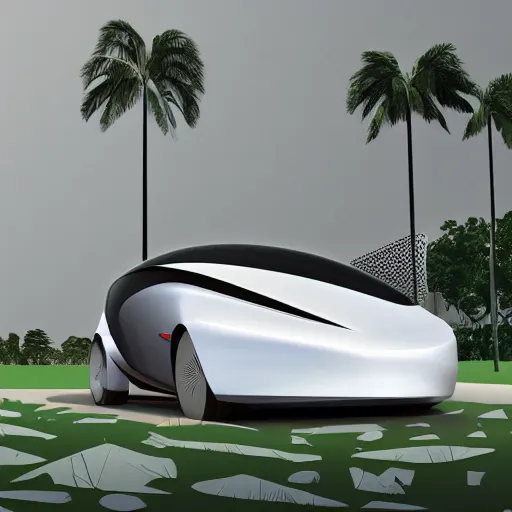 Image similar to sleek autonomous vehicle, designed by Zaha Hadid, parked by an oasis, line art illustration, muted colours