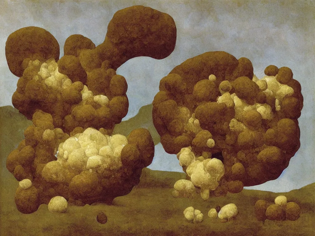 Image similar to fluffy, giant diaphanous fungi mold raising out of an old bread. painting by zurbaran, max ernst, agnes pelton, rene magritte, walton ford