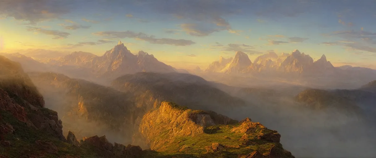 Image similar to a photorealistic breathtaking aerial view of the eastern alps mountains at sunrise, cliffs, fog, trending on artstation by frederic church, albert bierstadt