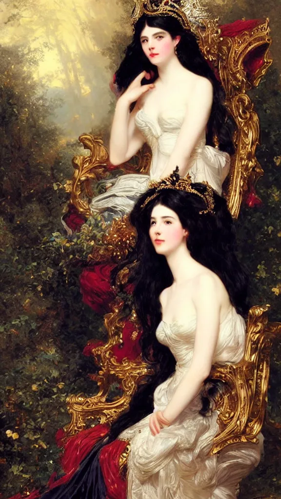 Image similar to a beautiful black haired woman with pale skin and a crown on her head sitted on an intricate metal throne by franz xaver winterhalter and delphin enjolras and rebecca guay