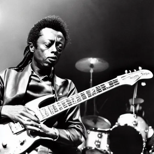 Prompt: miles davis playing lead guitar in a rock and roll band