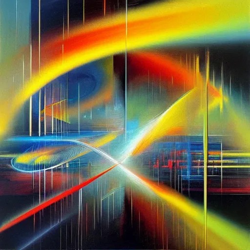 Image similar to abstract art representing momentum, oil painting by john berkey and gabriel dawe, masterwork