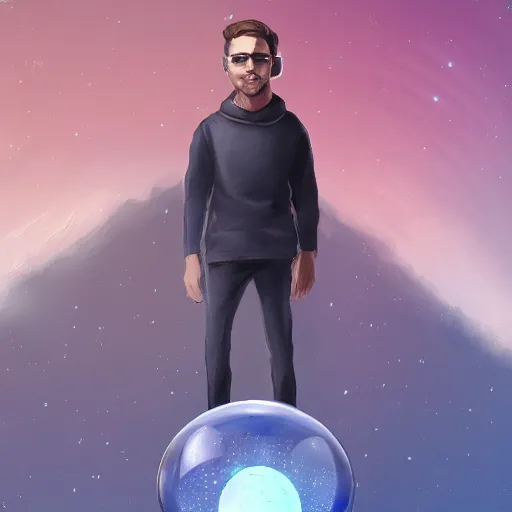 Prompt: A figure with a glass ball instead of a head, wearing a black sweatshirt, standing on a raft in the galaxy, digital art, trending on artstation, detalied, HD,