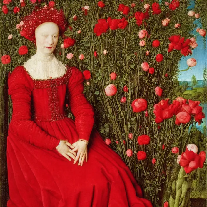 Prompt: a woman in a red dress, sitting on a throne of flowers, by Jan van Eyck