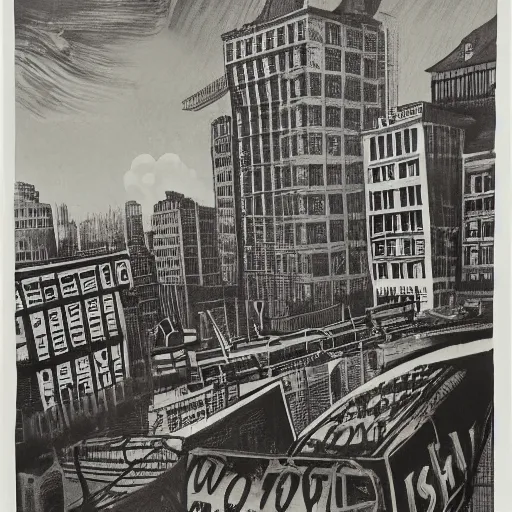 Image similar to google mild, spirited by simon bisley, by kara walker, by diane arbus. a print of a cityscape. the print shows a view from an elevated train line of the city below.