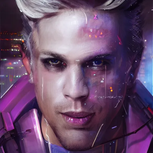 Image similar to cyberpunk, closeup portrait of a cyberpunk entertainer, blond hair, grey eyes, sadistic smile, delicate jaw, hologram, dramatic light, city background, sunset, dystopian setting, high contrast, sharp, neuromancer, peter riviera, painted by stanley lau, painted by greg rutkowski, painted by stanley artgerm, digital art, trending on artstation