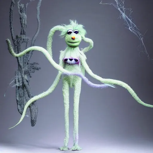 Image similar to ethereal ghostly live action muppet wraith like figure with a fern head with two very long tentacles for arms that flow gracefully at its sides with a long fuzzy snake tail for legs, it stalks around the frozen tundra searching for lost souls and that hide in the shadows in the trees, this character uses hydrokinesis and electrokinesis, it is a real muppet by sesame street, photo realistic, real, realistic, felt, stopmotion, photography, sesame street