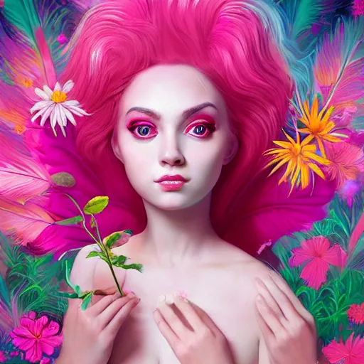 Prompt: a divine feminine woman, pink hair, rosey cheeks, sparkles on eyelids, surrounded by lush flowers and feathers in bright abstract colours, ultra realistic digital painting, artstation, concept art, pop, smooth, sharp focus, illustration, art by mark ryden, and lisa frank 3 d 8 k ultra detailed