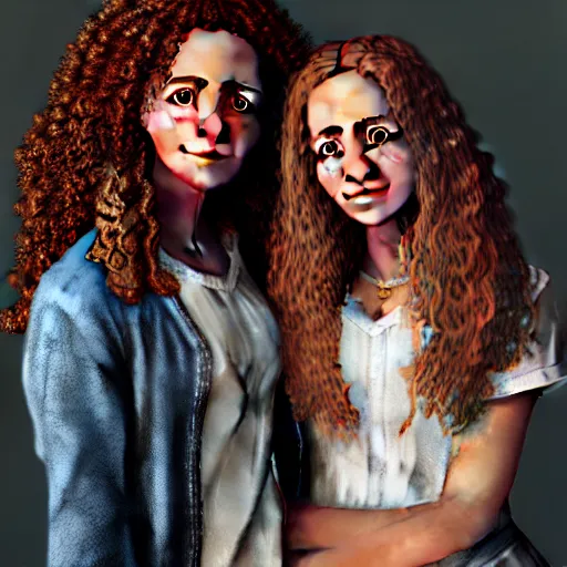 Image similar to intricate beautiful hyperreal portrait of a hermione granger and hermione granger, smiling softly, casual clothes, relaxing on the couch, home interior, golden hour, close up shot, 8 k, art by irakli nadar, hyperrealism, hyperdetailed, ultra realistic