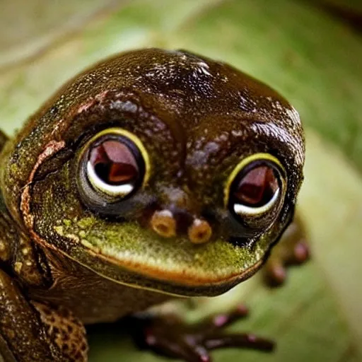 Prompt: a photo of an animal which looks half like a frog and half like a sloth