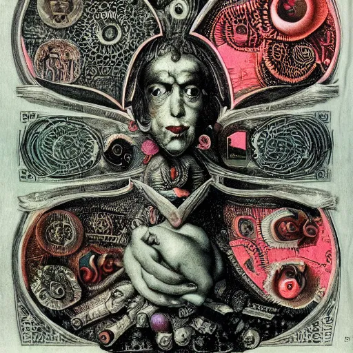 Image similar to post - punk new age album cover, asymmetrical design, dollar bank notes, capitalism, magic, apocalypse, psychedelic, black white pink, highly detailed, magic, giger h. r., giuseppe arcimboldo