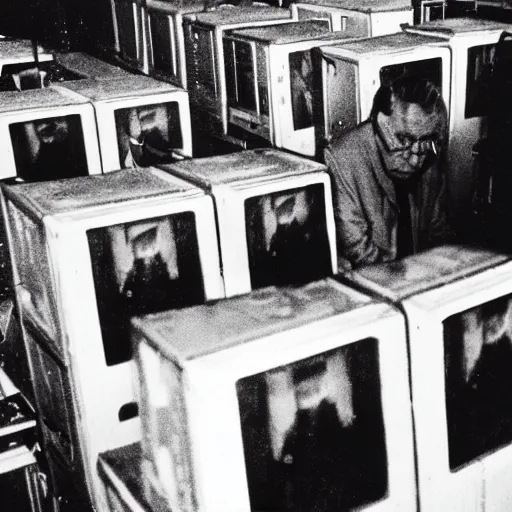 Image similar to grainy underexposed photo of Marcel Duchamp in a machine room full of ancient computers, tri-x, Trent Parke, Rinko Kawaichi, archival pigment print, occult dream, contemporary art