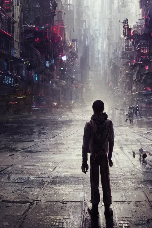 Image similar to a portrait of a small cyborg standing in the middle foreground walking in the street of a great mechanical city by Greg Rutkowski, Sung Choi, Mitchell Mohrhauser, Maciej Kuciara, Johnson Ting, Maxim Verehin, Peter Konig, final fantasy , mythical, 8k photorealistic, cinematic lighting, HD, high details, atmospheric,