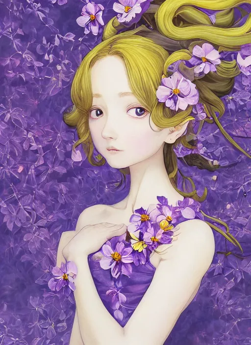 Image similar to elf girl wearing an flower suit, soft hair. light color palate, purple, yellow and white. detailed soft painting, ayami kojima, made in abyss, anatomically correct, ilya kuvshinov, inspired in balthus, high detailed face anime, vogue magazine, glorious composition, mobile wallpaper