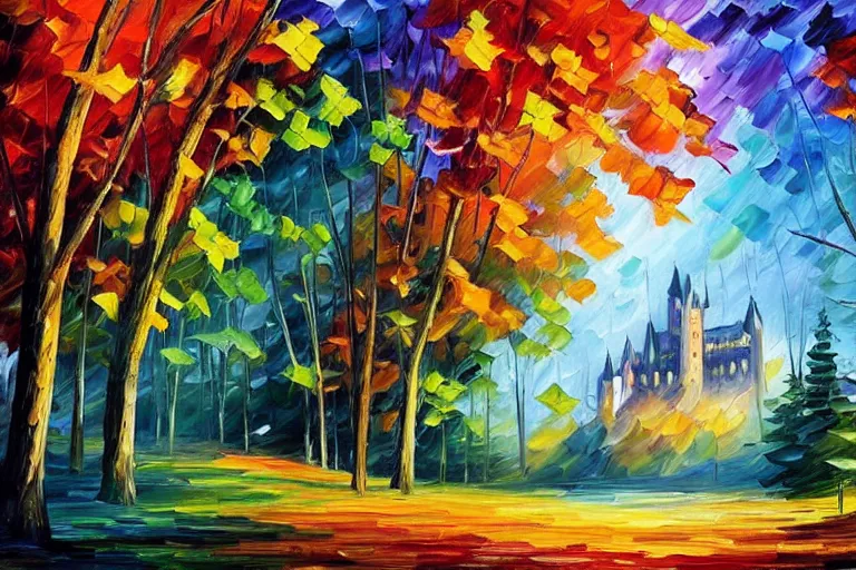 Prompt: a majestic castle rises above the dark woods in the sunlit valley, landscape by Leonid Afremov