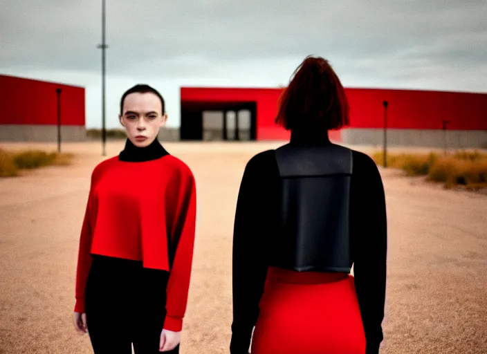 Image similar to cinestill 5 0 d closeup photographic portrait of two clones in front of a brutalist metal building, techwear women, on a desolate plain with a red sky, black oversized clothes, depth of field, 4 k, 8 k, hd, full color