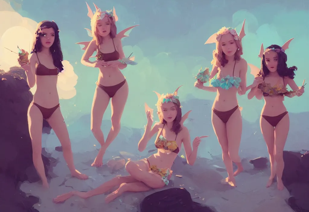 Image similar to portrait of joe biden and two cute fairies in flower bikinis standing together, fantasy, by atey ghailan, by greg rutkowski, by greg tocchini, by james gilleard, by joe gb fenton, dynamic lighting, gradient light green, brown, blonde cream, salad and white colors in scheme, grunge aesthetic