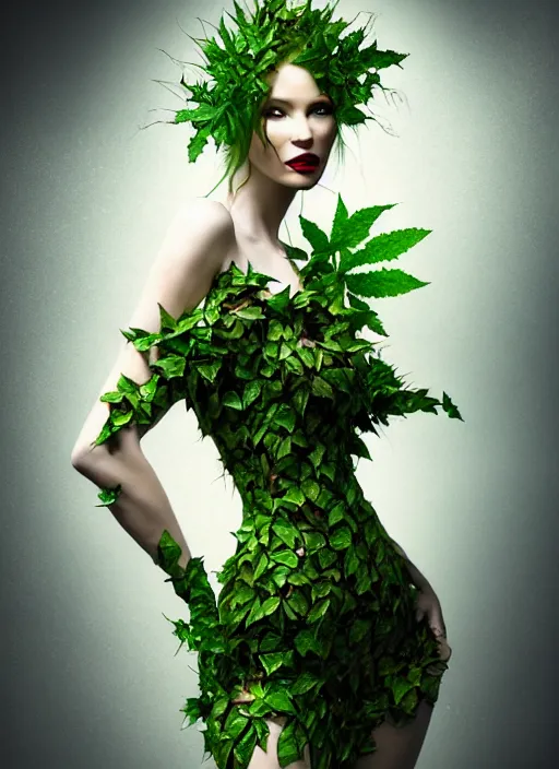 Image similar to expressive full body photo of the poison ivy, dress made of cabbages, glamour shot, by karol bak, stefan gesell, photorealistic, nikon d 4 x, fashion photography, hyper maximalist, elegant, ornate, luxury, elite, environmental portrait, symmetrical features, octane render, unreal engine, solid dark grey background, dramatic lights