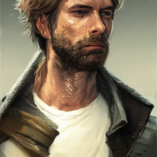 Prompt: portrait of a man by greg rutkowski, cade skywalker, messy blond hair, beard, tall and muscular, star wars expanded universe, he is about 3 0 years old, wearing a flying jacket, distrustful and arrogant, highly detailed portrait, digital painting, artstation, concept art, smooth, sharp foccus ilustration, artstation hq