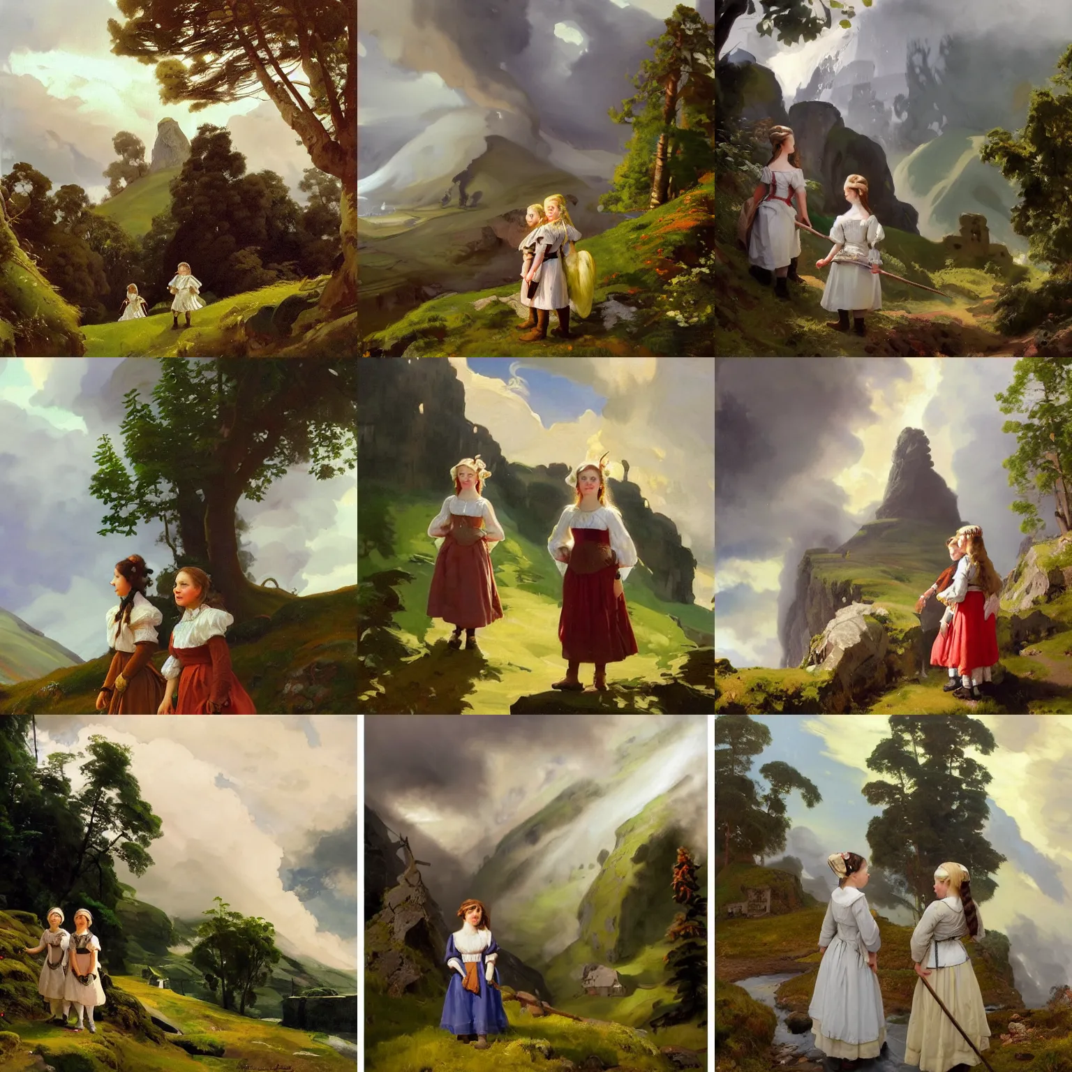 Prompt: two scandinavian village girls wearing 1 8 th century dress, painting by sargent and leyendecker and greg hildebrandt savrasov levitan polenov, studio ghibly style mononoke, huge old ruins, middle earth above the layered low clouds road between forests trees faroe azores overcast storm masterpiece