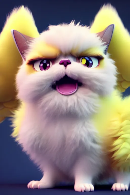 Prompt: high quality 3 d render hyperrealist very cute multipastel fluffy! grumpy griffin cat hybrid with fluffy wings!, vray smooth, in the style of detective pikachu, hannah yata charlie immer, dramatic yellow light, low angle, uhd 8 k, sharp focus