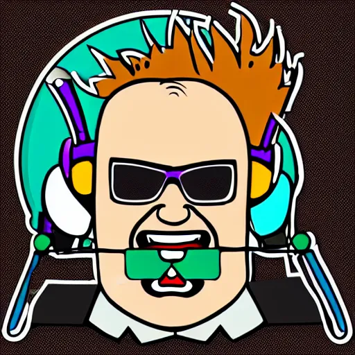 Image similar to svg vector sticker of absolutely insane-mad-scientist-villain, rocking out, wearing headphones, huge speakers, dancing, rave, DJ, spinning records, digital art, amazing composition, rule-of-thirds, award-winning, trending on artstation, featured on deviantart