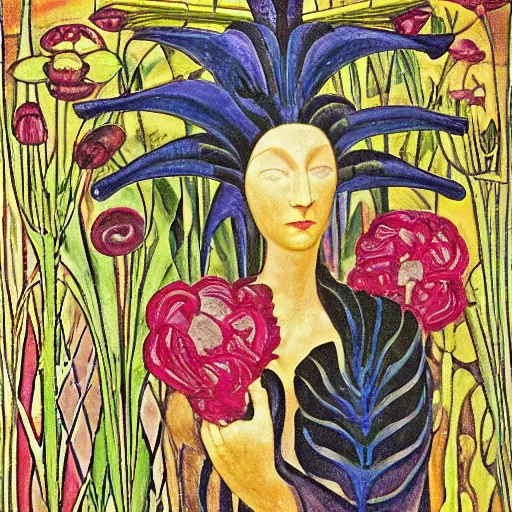 Prompt: facemask made of flowers, by annie swynnerton and jean delville and rufino tamayo and edward hopper and evelyn de morgan, art deco flower shaman, art brut, outsider art, symbolist, dramatic lighting, god rays, elaborate geometric ornament, clean crisp graphics, smooth sharp focus, extremely detailed, adolf wolfli