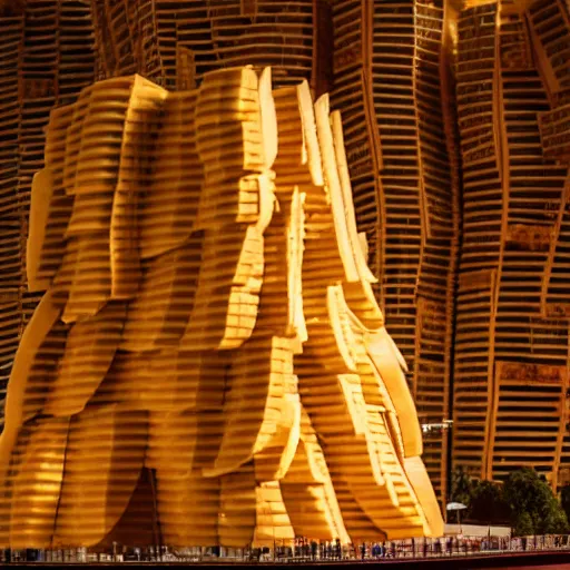 Image similar to a towering impressive building made of bread, cheese, and lunchmeat, dramatic lighting, bokeh, designed by frank gehry