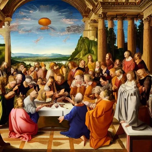 Prompt: a renaissance painting of a psychedelic conference of scientists / professors / researchers, high detail, modern